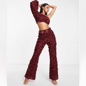 NWT- 3D ROSE-LACE PANTS SZ-14 w BELT in MULLED WINE